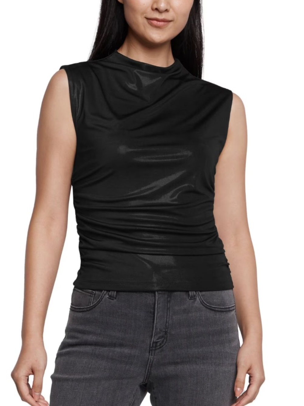 Express Black Shimmery Sleeveless Mock Neck Ruched Tank - Size M NWT